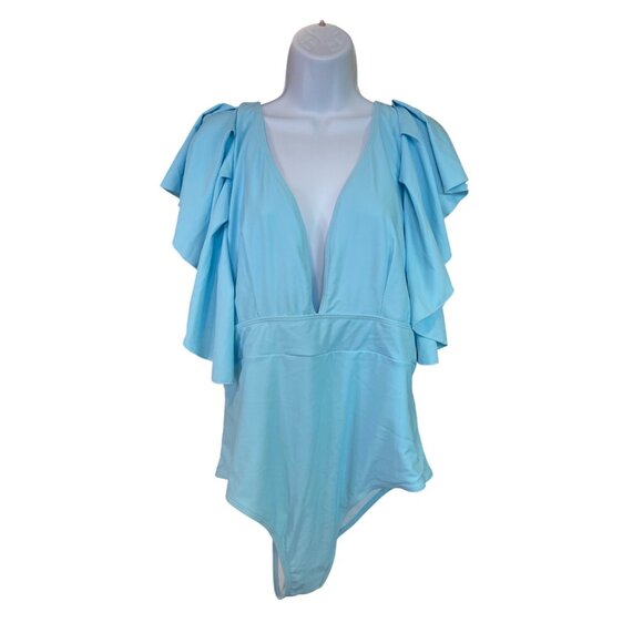 Chic Soul Womens One Piece Swimsuit 3XL Light Blue Ruffled Plunge Neckline - Picture 1 of 7